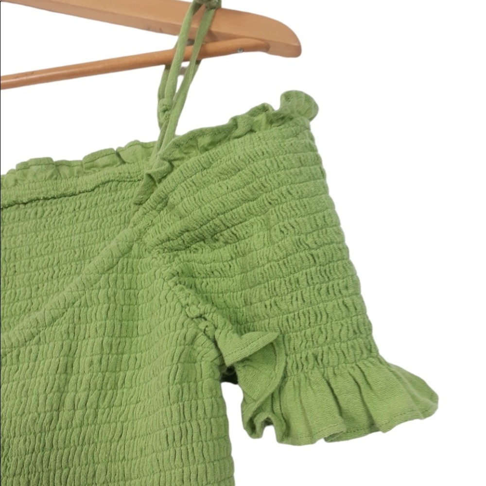 Free People Smocked Chest Off Shoulder Smocked Sleeves Green Mini Dress Small - Picture 3 of 6